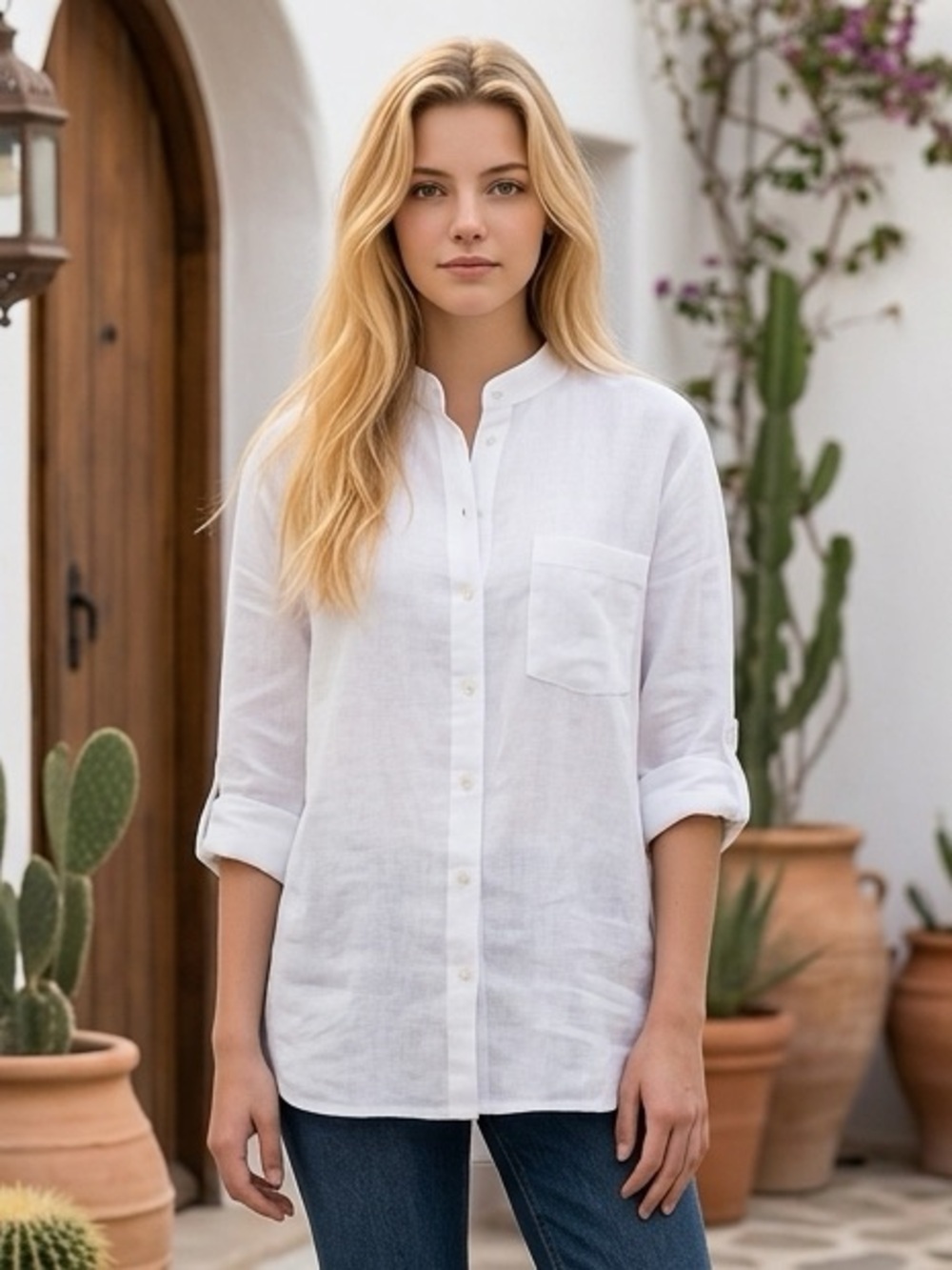 EUC Mykonos SZ XL (European) white 100% cotton Mandarin collared shirt, unisex